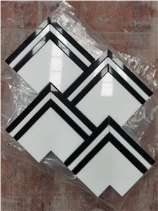 Marble Waterjet Floor Mosaic Thassos With Marquina Backsplash