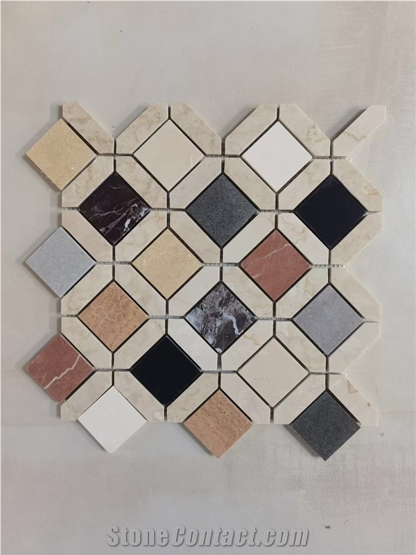 Marble Waterjet Floor Mosaic Thassos With Marquina Backsplash