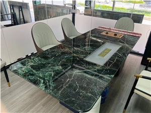 Solid Green Table Top With Metal Base For Office Tea Table