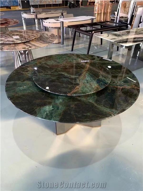 Solid Green Table Top With Metal Base For Office Tea Table