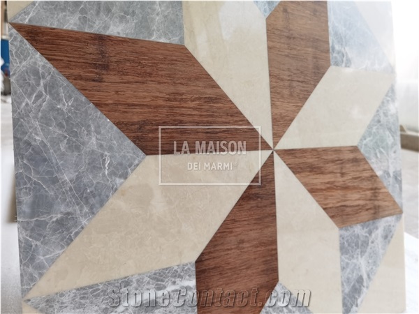 Natural Marble Inlay Wood Waterjet Medallion For Interior