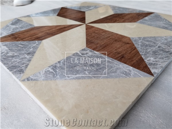 Natural Marble Inlay Wood Waterjet Medallion For Interior