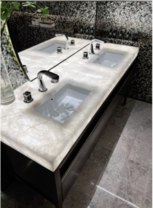 Backlit White Crystal Quartz Semiprecious Stone Hand Washing Sink