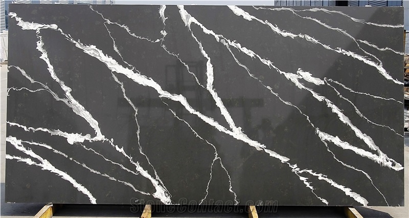 Black Artificial Marble With White Roots, Polished Slabs
