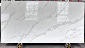 Glossy Calacatta White Quartz Slabs With Grey Veins
