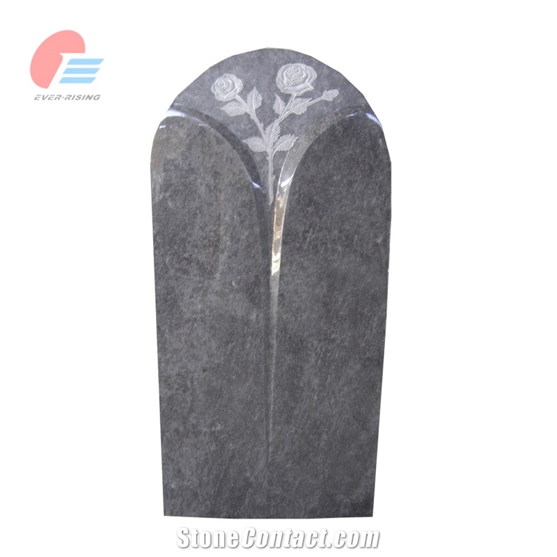 Germany Bahama Blue Granite Gravestone With Flower Carving