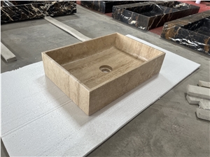 Beige Travertine Wash Basin For Bathroom Decoration