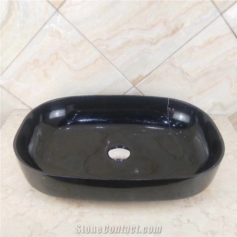 Oval Shape Nero Marquina Marble Wash Basins