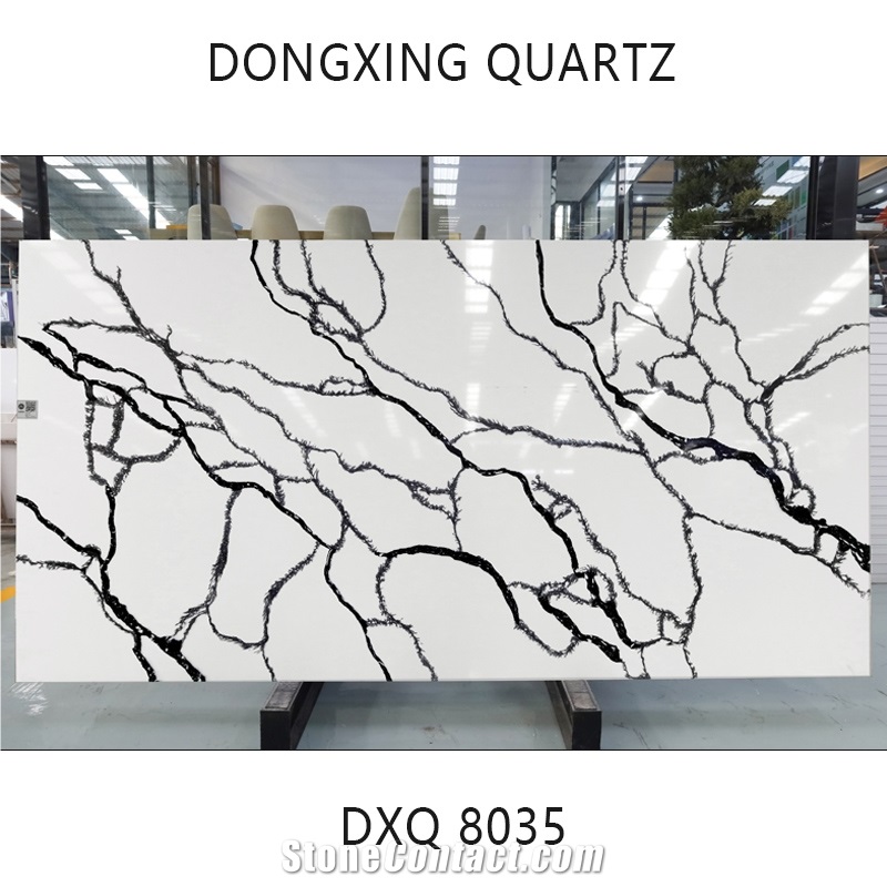 DXQ8035 Carrara Black Vein Quartz Stone Glossy Slabs