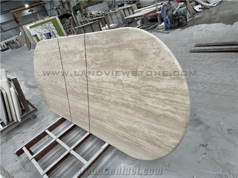 Oval Beige Travertine Dining Table Top With Scalloped Edges
