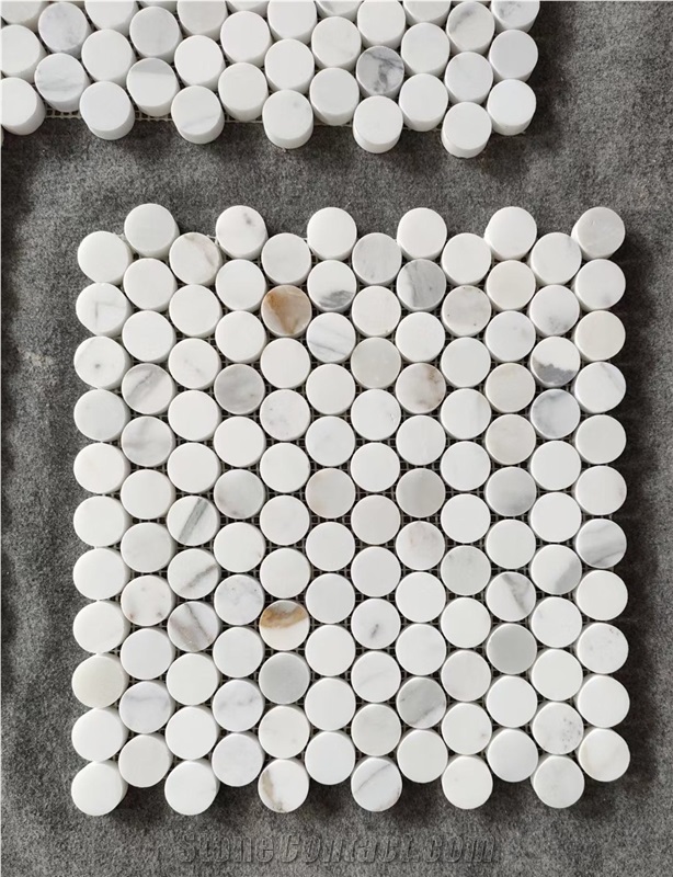 Marble Carrara Bricks+Black Dots Mosaic Bathroom Floor Tile
