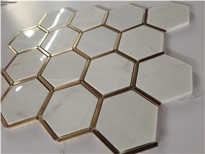 Marble Carrara Hexagon Mosaic With Brass Chevron Wall Tiles, Backsplash Tiles