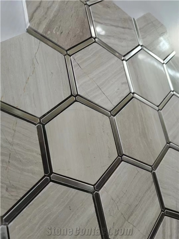 Marble Carrara Hexagon Mosaic With Brass Chevron Wall Tiles, Backsplash Tiles