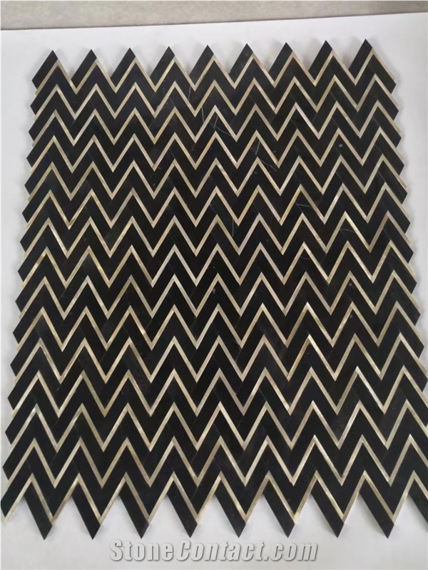 Nero Marquina Marble Chevron Mosaic With Brass Chevron Subway Tiles, Wall And Floor Tile
