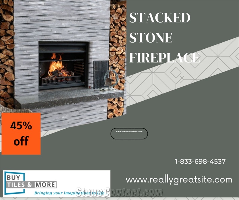 Gray Marble Stacked Stone Fireplace