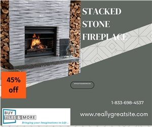 Gray Marble Stacked Stone Fireplace