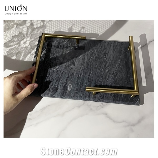 UNION DECO Black Decorative Marble Tray With Golden Handle