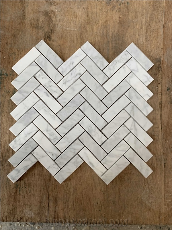 Bianco Carrara Marble Herringbone Mosaic Wall & Floor Tile