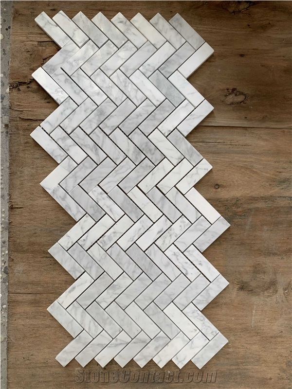 Bianco Carrara Marble Herringbone Mosaic Wall & Floor Tile