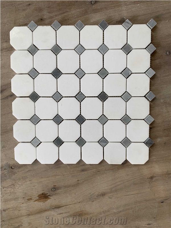 Octagon And Dot White Marble Mosaic Wall Tile