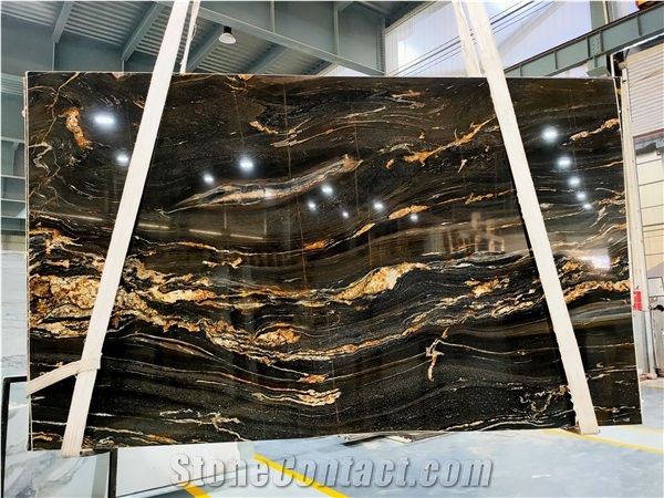 Top Quality Black Fusion Granite Slabs With Golden Vein