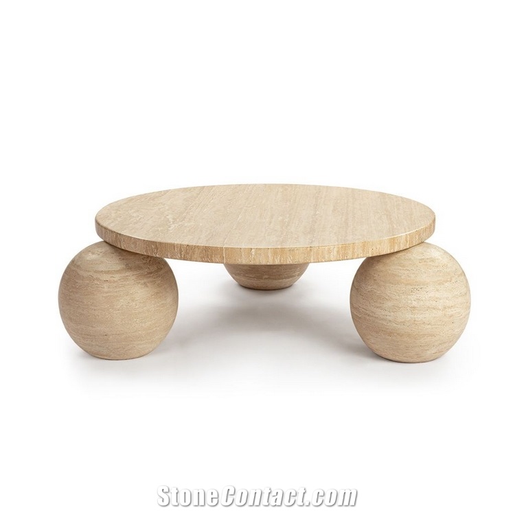 Round Travertine Coffee Table With 3 Solid Base