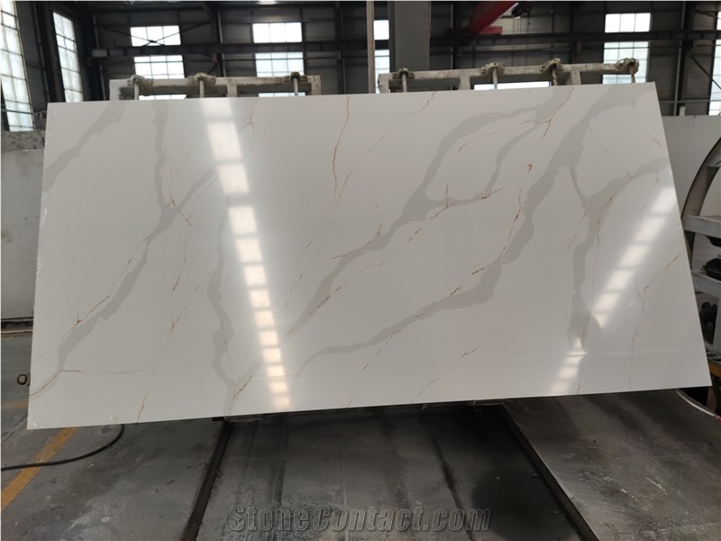 Chinese Artificial Calacatta Quartz Slab With Gold Line