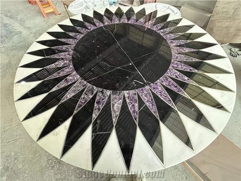 Round Amethyst With Black Marble Waterjet Mosaic Table Tops
