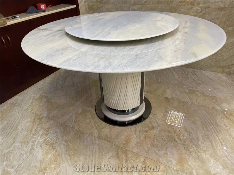 Round Blue Marble Dining Table Sky Blue Restaurant Furniture