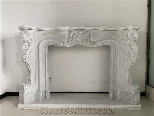 Natural White Marble Hand Carved Indoor Fireplace