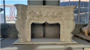 Ultraman Beige Marble Hand Carved Antique Fireplace