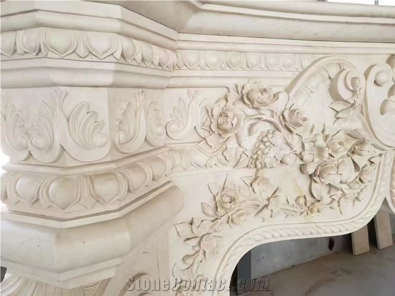 Ultraman Beige Marble Hand Carved Antique Fireplace