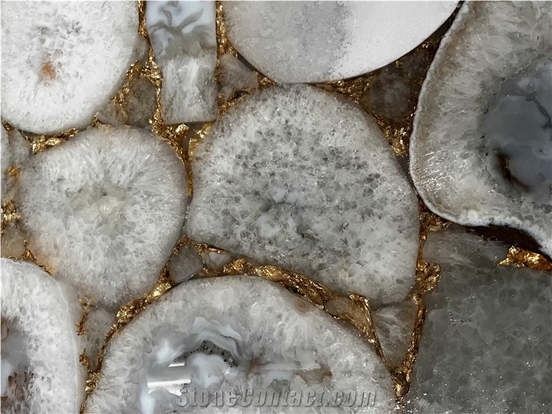 White Agate Slab With Gold Side,Luxury Semiprecious Stone