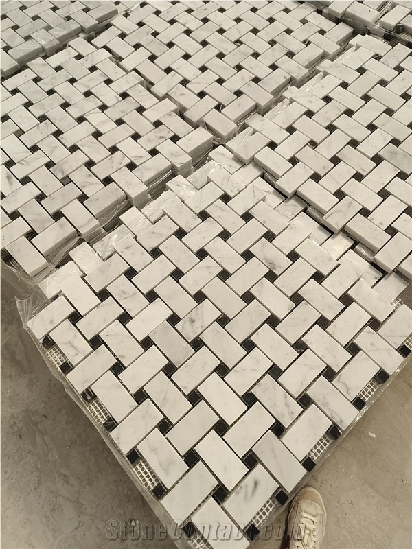 Discounted Carrara White Marble Basketweave Pattern Mosaic