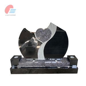 Black Granite Headstone With Bahama Blue Heart Insert