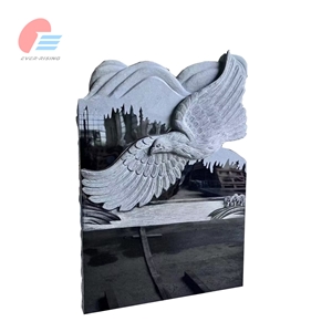 Black Granite Tombstone With Eagle And Mountain Carving