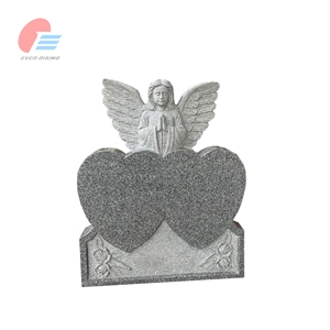 Cathay Light Grey Granite Double Heart Headstone With Angel