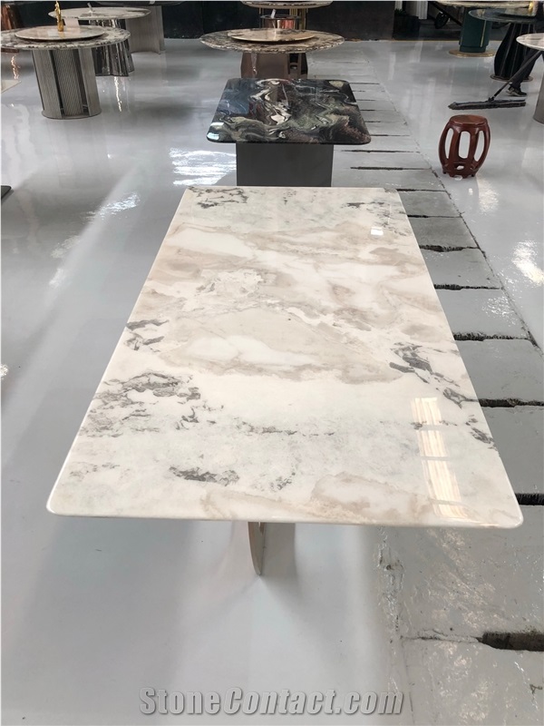 Picasso  White Marble Dover Cream Marble Dining Table Top