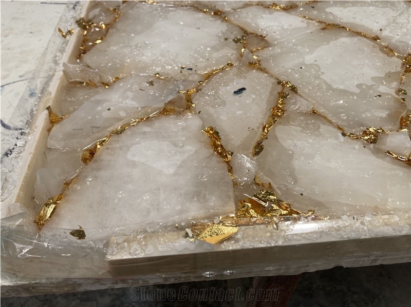 White Crystal With Gold Foil, Semi Precious, White Agate