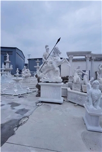 White Marble Statue, Roman Soldier With Horse
