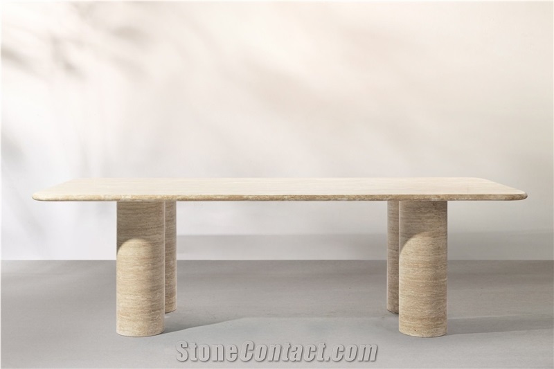 Alfio Rectangle Travertine Dining Table With Cylinder Legs