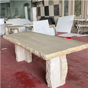 August Rectangle Beige Travertine Dining Table Block Legs