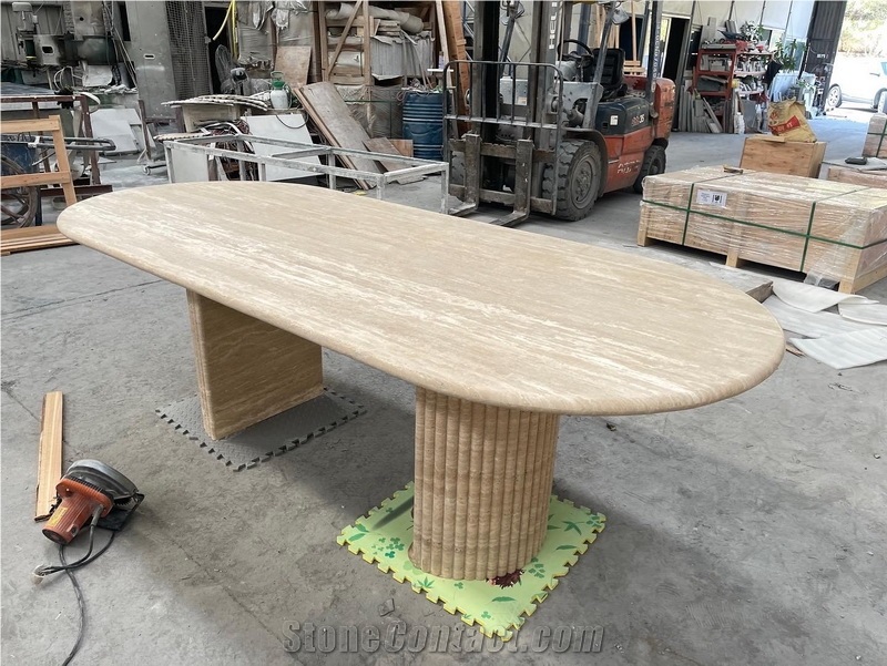 Cava Fluted Oval Beige Travertine Dining Table
