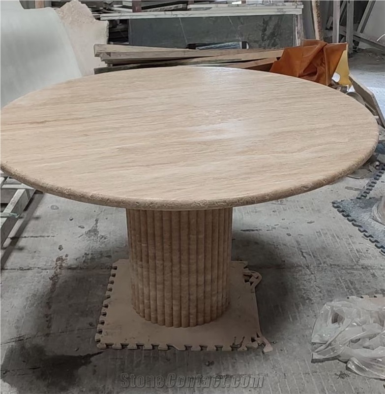 Cava Fluted Round Beige Travertine Dining Table