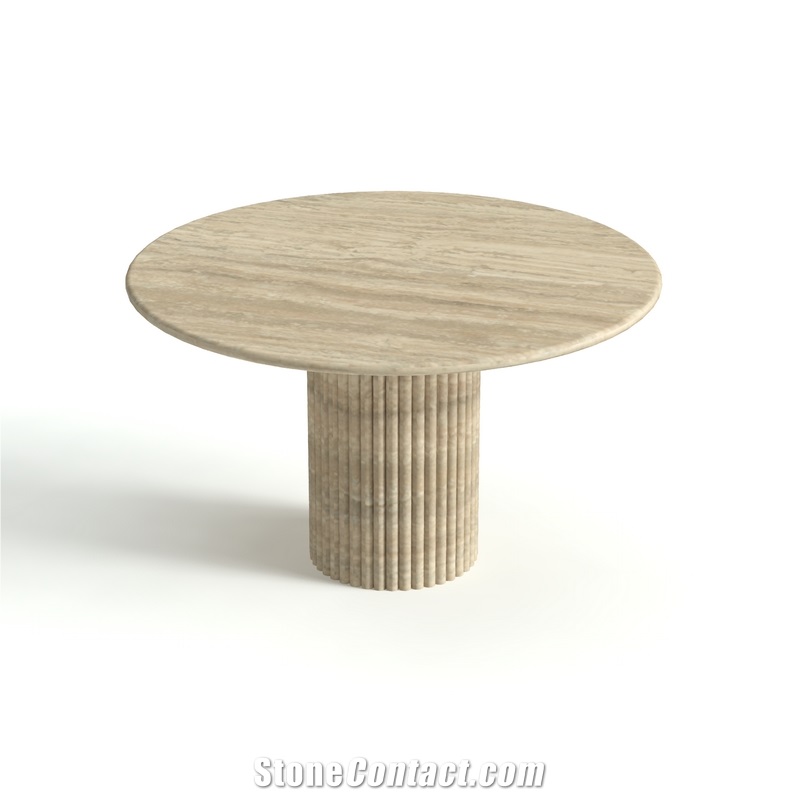 Cava Fluted Round Beige Travertine Dining Table