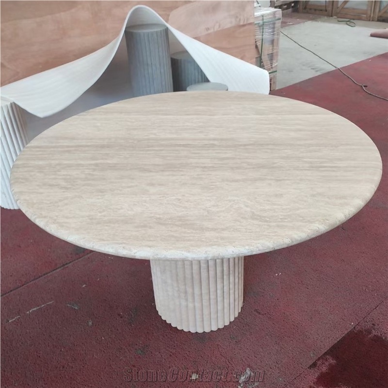 Cava Fluted Round Beige Travertine Dining Table