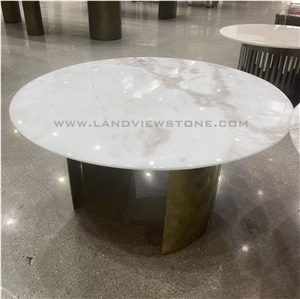 Dover White Marble Coffee Table Top With Metal Base