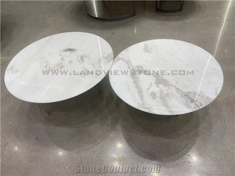 Dover White Marble Coffee Table Top With Metal Base