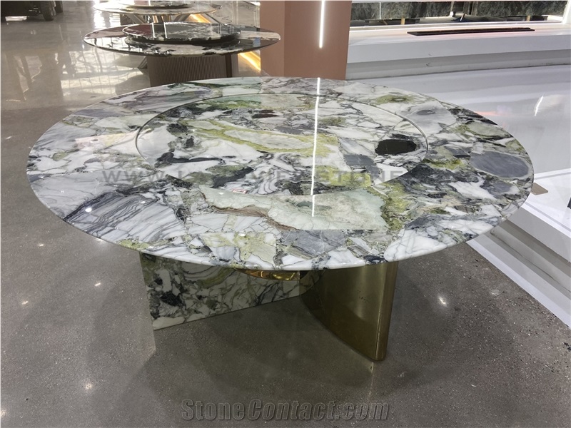Ice Jade Marble Dining Table Top With Turntable
