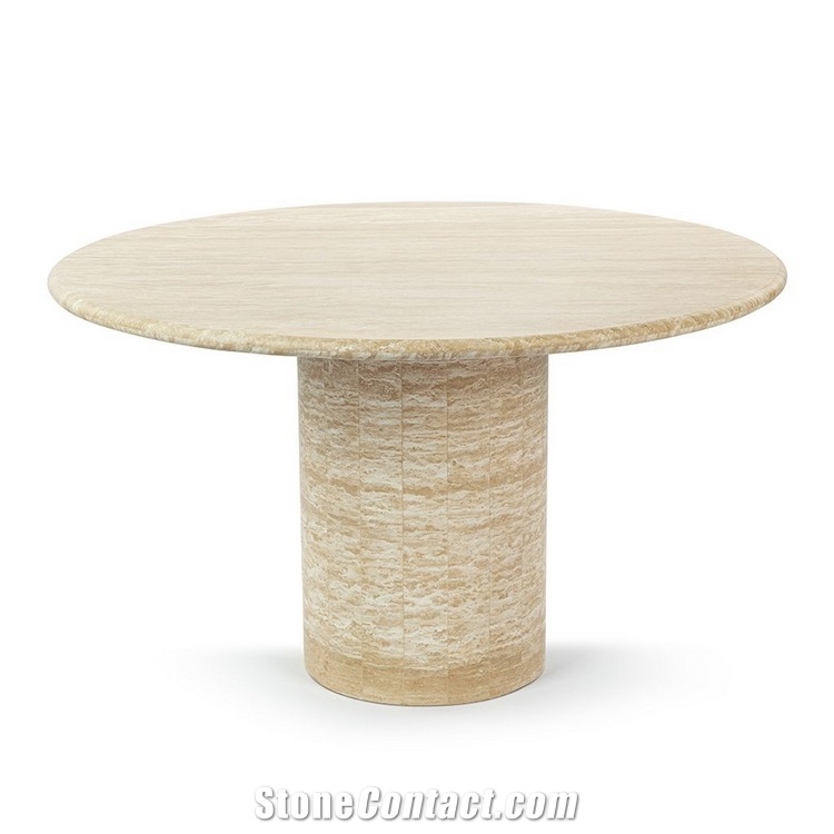 Round Travertine Dining Table With Cylinder Pedestal Base